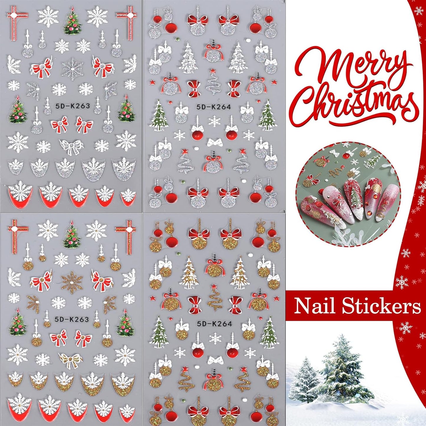 5D Christmas Nail Art Stickers Glitter Snowflakes Nail Decals Red Bells Christmas Tree French Nail Design Self Adhesive Stickers for Women Girls DIY Nail Art Decoration (Gold Silver)