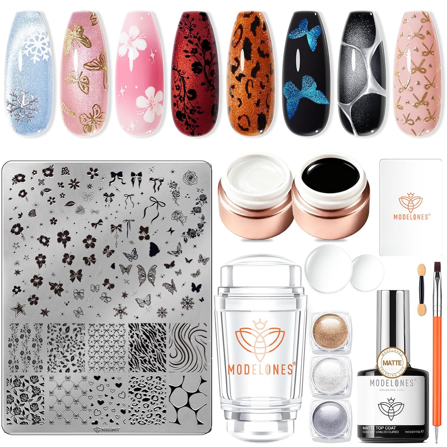 modelones 16 PCS Gel Nail Polish Stamping Plate Set, French Tip Tool Stamper & Scraper, Gold Silver Pearl Chrome Powder Proof Matte Top Coat 2 Colors Painting Gel for Nail Art Fall Manicure Gift Kit
