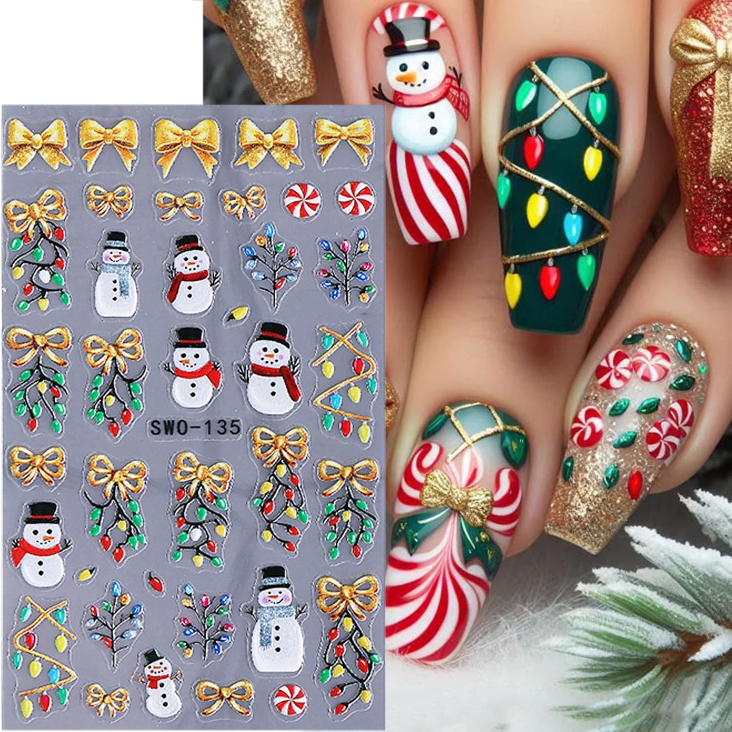 2 Sheets 5D Embossed Christmas Nail Stickers for Nail Art Self-Adhesive Santa Claus Nail Decals Winter Snowman Snowflake Nail Art Stickers Xmas Bow Light Strips Christmas Tree Nail Design for Women