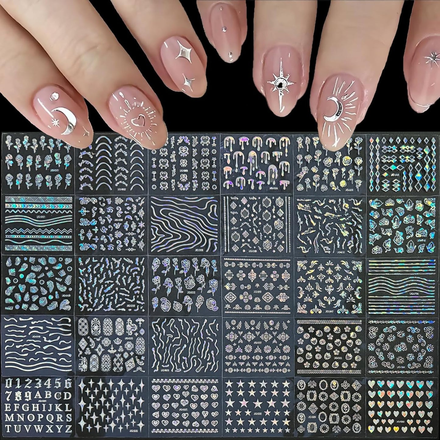 90 Sheets Silver Nail Art Stickers Holographic Laser Silver Nail Decals 3D Self Adhesive Nail Stickers for Nail Art Designs Star Line Flower Nails Supplies for Women Nail Decoration with Nail Tweezer