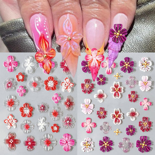 2 Sheets Flower Nail Stickers for Nail Art, 5D Embossed Hibiscus Nail Decals Self Adhesive Spring Summer Floral Nail Supplies for Women Girls Manicure Decoration