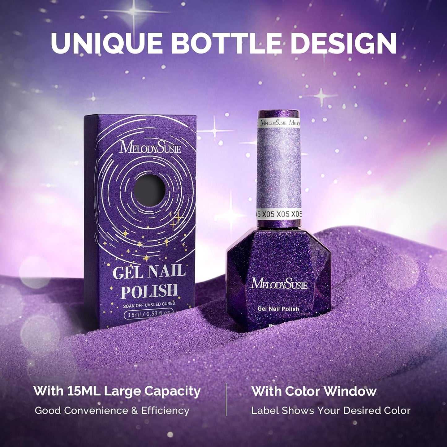 MelodySusie Galaliver Glitter Gel Nail Polish, 15ML Sparkly Shimmer Gel Polish Soak Off UV LED Cured Long Lasting Gift for Women DIY Nail Design Nail Art Manicure Courage Purple X05