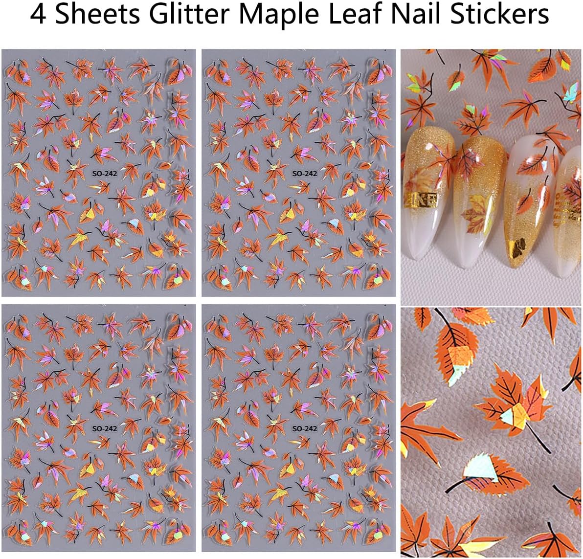 Laser Maple Leaf Nail Art Stickers Decals Holographic Glitter Self-Adhesive Fall Nail Decals Design Thanksgiving Maple Leaf Nail Stickers for Nail Art DIY Manicure Autumn Nails Decoration 4 Sheets
