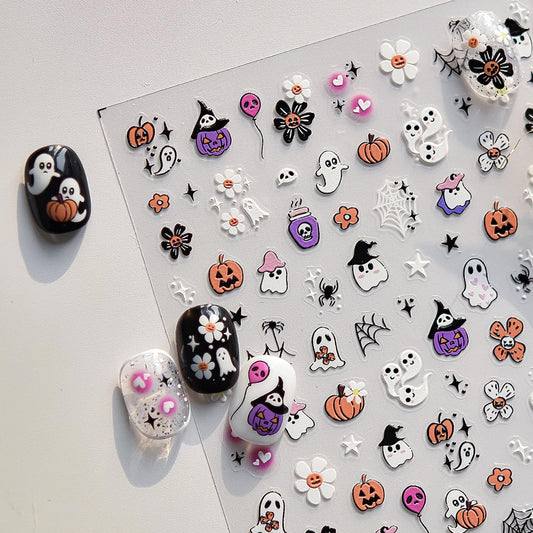 5D Embossed Halloween Nail Art Stickers Cute Ghost Nail Decals Self-Adhesive Pumpkin Skull Flower Spider Web Nails Design Stickers Halloween Nails Supplies for Women Holiday Manicure Decorations