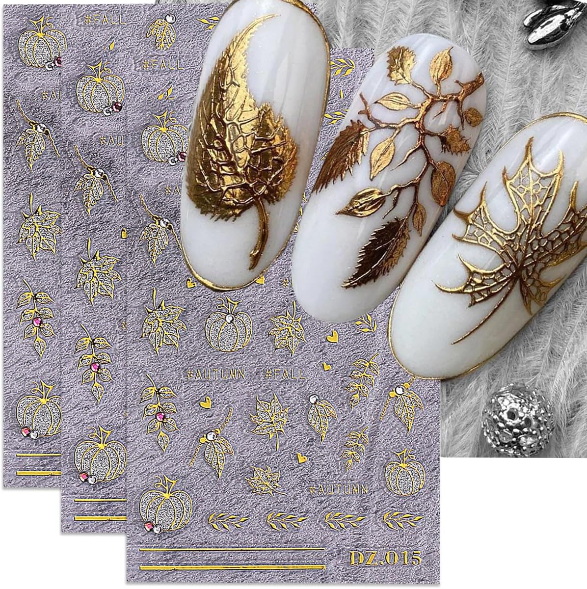 Fall Nail Art Stickers Autumn Maple Leaf Nail Decals with Rhinestone 3PCS Gold Maple Leaves Pumpkin Nails Design Self-Adhesive Fall Nail Stickers for Women Thanksgiving Day Manicure Nails Decoration