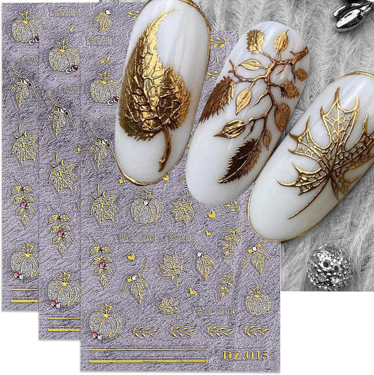 Fall Nail Art Stickers Autumn Maple Leaf Nail Decals with Rhinestone 3PCS Gold Maple Leaves Pumpkin Nails Design Self-Adhesive Fall Nail Stickers for Women Thanksgiving Day Manicure Nails Decoration