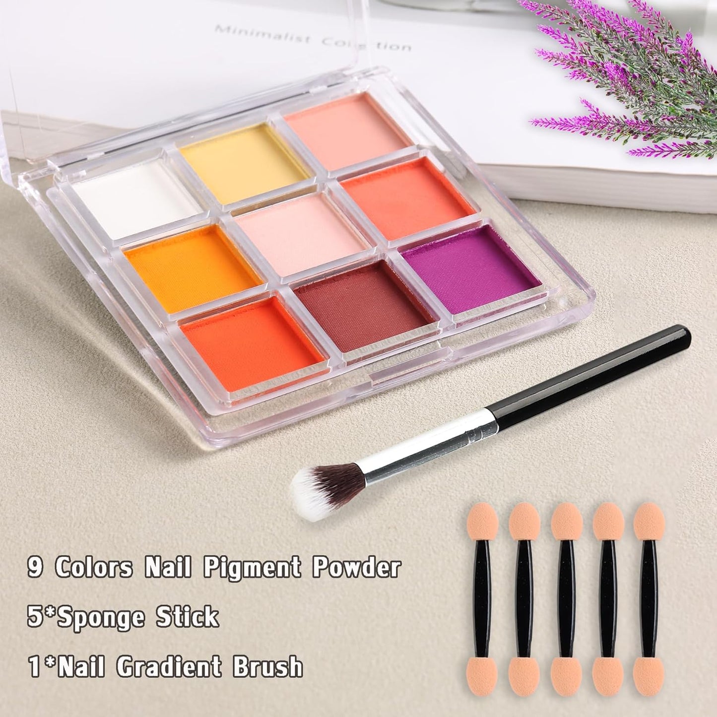 Pigment Powder for Nails 9 Colors Nail Pigment Palette Gradient Ombre Nail Powder Nail Art Design Fine Solid Neon Powder for DIY Manicure Beginners -Includes 5 Sponge Sticks 1 Brush #09