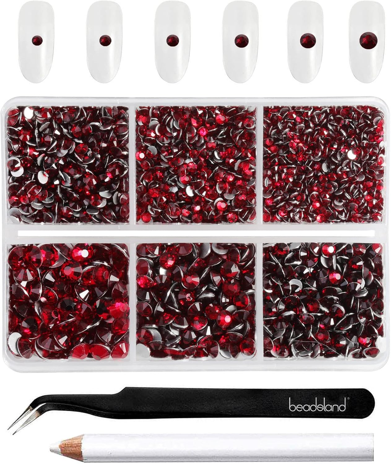 Beadsland 4300pcs Flatback Rhinestones,Dark Red Rhinestone Nail Gems Round Crystal Rhinestones for Crafts,Mixed 6 Sizes with Picking Tweezers and Wax Pencil Kit, SS6-SS20,Dark Siam