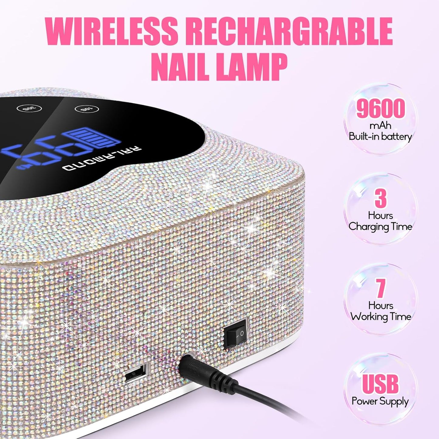 72W Cordless UV Light for Nails With 5 Timer & Auto Sensor, Professional Rechargeable Lamp for Gel Polish, Bling Cute Heart Dryer (Diamond)