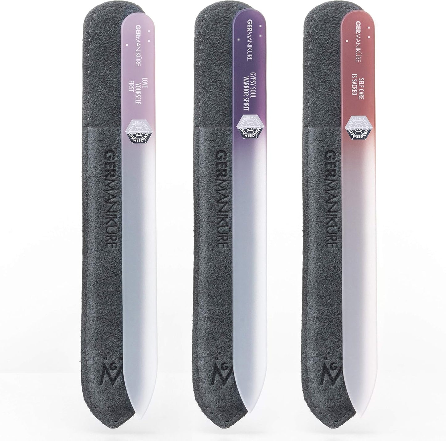 GERMANIKURE Czech Crystal Glass Nail File 3 Pack in Suede Leather Case - Professional Manicure & Pedicure Products for Smooth Easy Shaping of Natural Nails