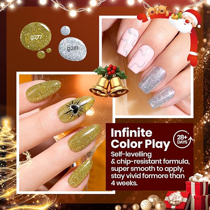 Beetles Glitter Gel Nail Polish Set – Vintage Luminary 6 Sparkling Red Gold Green Colors Reflective Long-Lasting UV LED Soak Off Gel Holiday Party Nail Art Kit Chirstmas Gift for Women