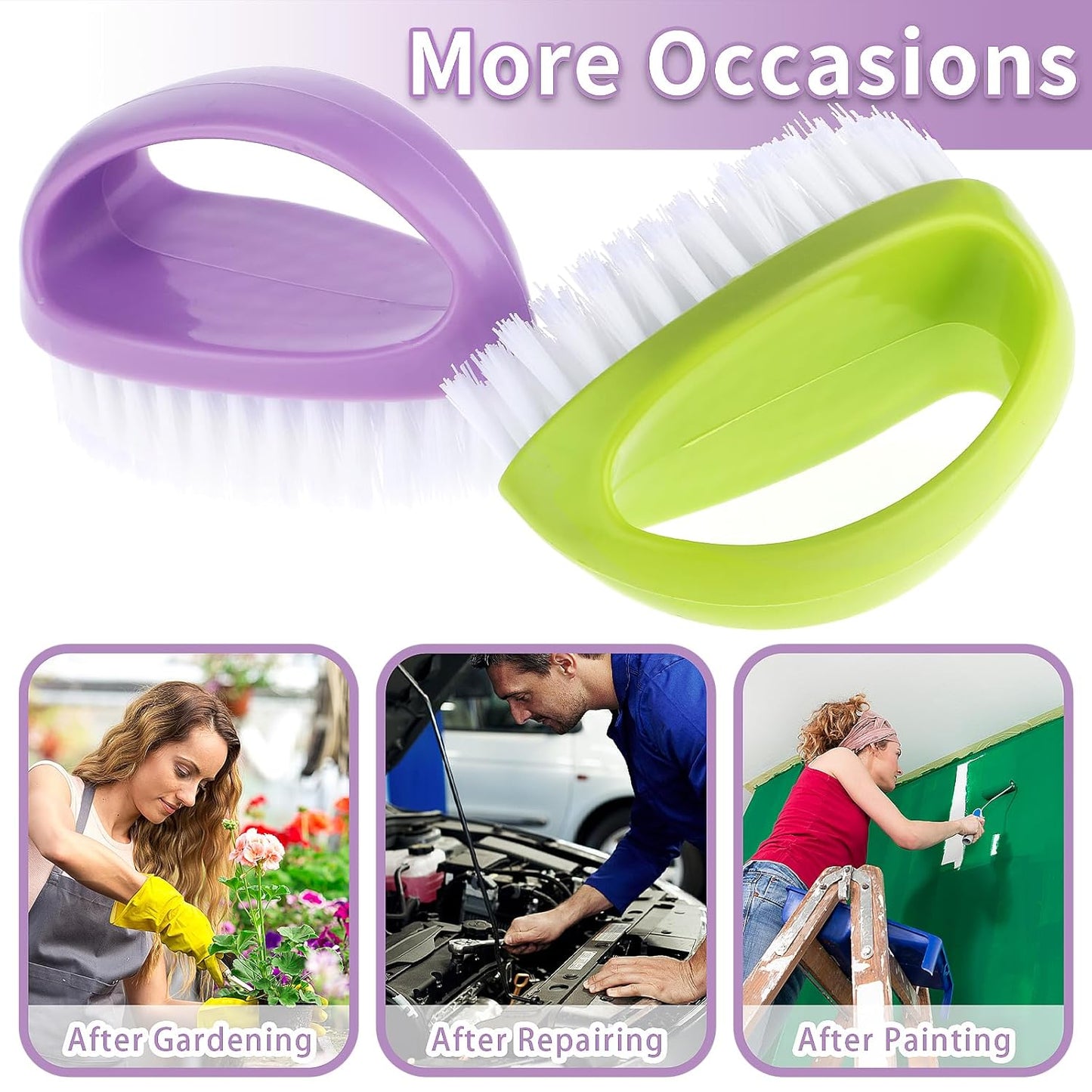 Cobee 2 Pack Hand Nail Brush for Cleaning Fingernails Durable Stiff Bristles Nail Scrub Brush Cleaner with Handle Heavy Duty Deep Nail Cleaning Scrubber for Men Fingernails Toes Garden(Green, Purple)