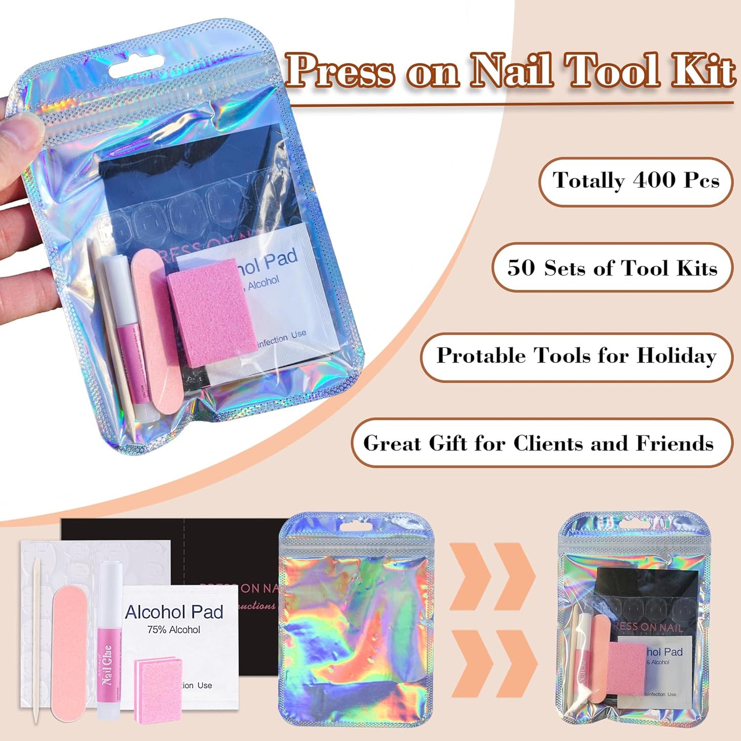 50 Set Press On Nail Tool Prep Kit for Salon Business, Disposable Manicure Kit with Nail File, Buffer, Glue, Prep Pad, Instruction Card, Adhesive Tabs, Wood Stick, Holographic Bag