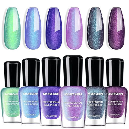 Morovan Chameleon Nail Polish Set: 6 Colors Holographic Quick Dry Mini Nail Lacquer Kit Green Glitter Pink Blue Purple Gray Aurora Shimmer Fall DIY Nail Art Manicure Gift For Women Girls