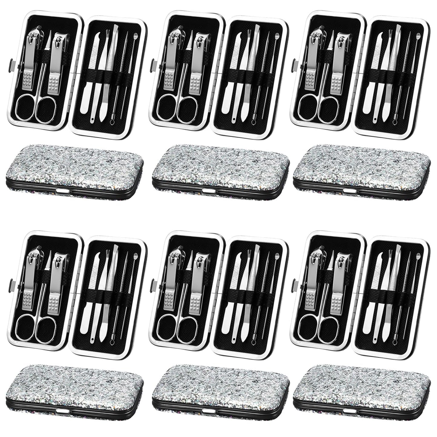 Geosar 12 Set 8 in 1 Manicure Set Stainless Steel Nail Clippers Kit Pedicure Care Tools with Leather Case Travel Grooming Kit Gift for Women Men(Glitter Silver)