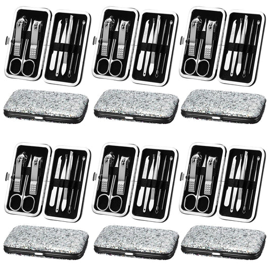 Geosar 12 Set 8 in 1 Manicure Set Stainless Steel Nail Clippers Kit Pedicure Care Tools with Leather Case Travel Grooming Kit Gift for Women Men(Glitter Silver)