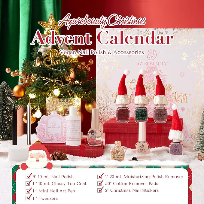 AZUREBEAUTY Christmas Nail Polish Set 6 Colors Glitter Red Green Quick Dry with Top Coat & Nail Polish Remover Long Lasting Sheer