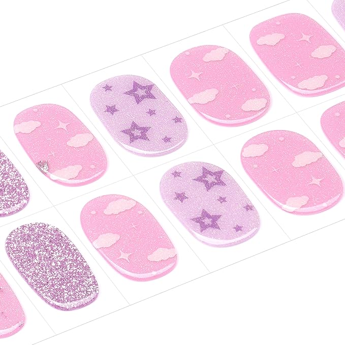 DANNI & TONI Kids Gel Nail Strips Clouds Stars Purple Glitters Salon-Quality Peel & Stick Manicure for Children (Age 6+)– Safe, Long-Lasting, Easy to Apply |Purple Dream