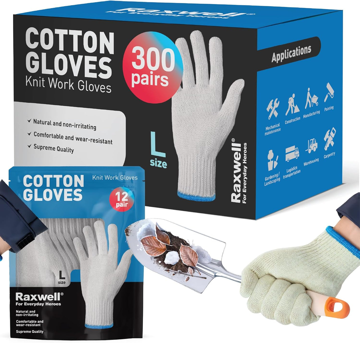 Raxwell White Cotton Gloves, 300 Pairs Bulk Case – Durable Knit Work Liners for BBQ, Painting, Gardening, Industrial, Mechanical Use, Large Size, Breathable, Comfortable