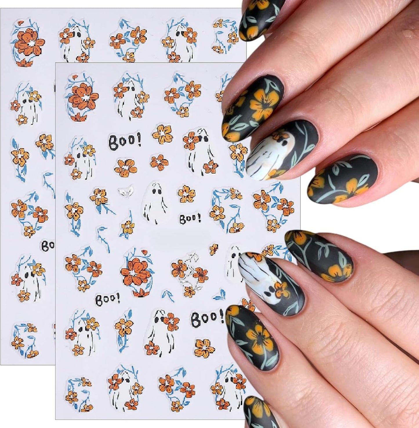 8 Sheets Halloween Nail Art Stickers Decals Halloween Cute Ghost Flower Nail Stickers Gold and Silver Hibiscus Flowers Designs Nail Decals for Women Girls DIY Manicure Decorations