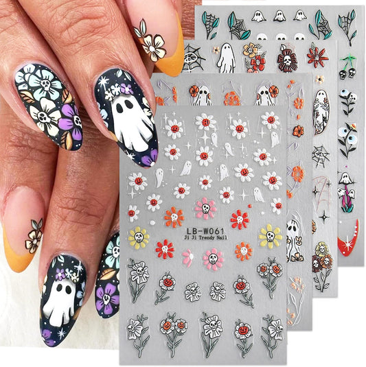 4 Sheets Halloween Nail Art Stickers 3D Self-Adhesive Goth Nail Stickers Flower Skull Ghost Designs Skeleton Nail Decals Nail Art Supplies for Women Acrylic DIY Halloween Holiday Nail Decoration DIY
