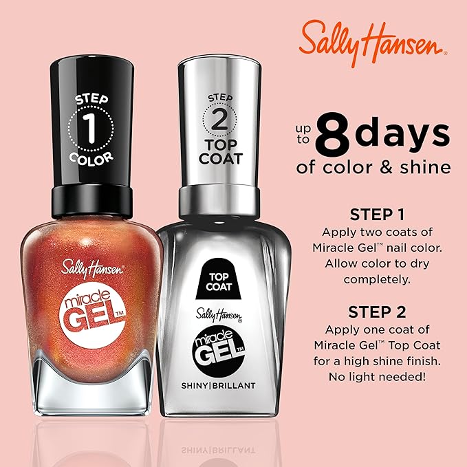 Sally Hansen Miracle Gel Salon Quality Nail Polish | Gel-Like Formula, Two-Step System, No UV Light Needed, Long Lasting | Opaque, Shimmery | 382 Sundown Socialite | Brown Orange Nail Color