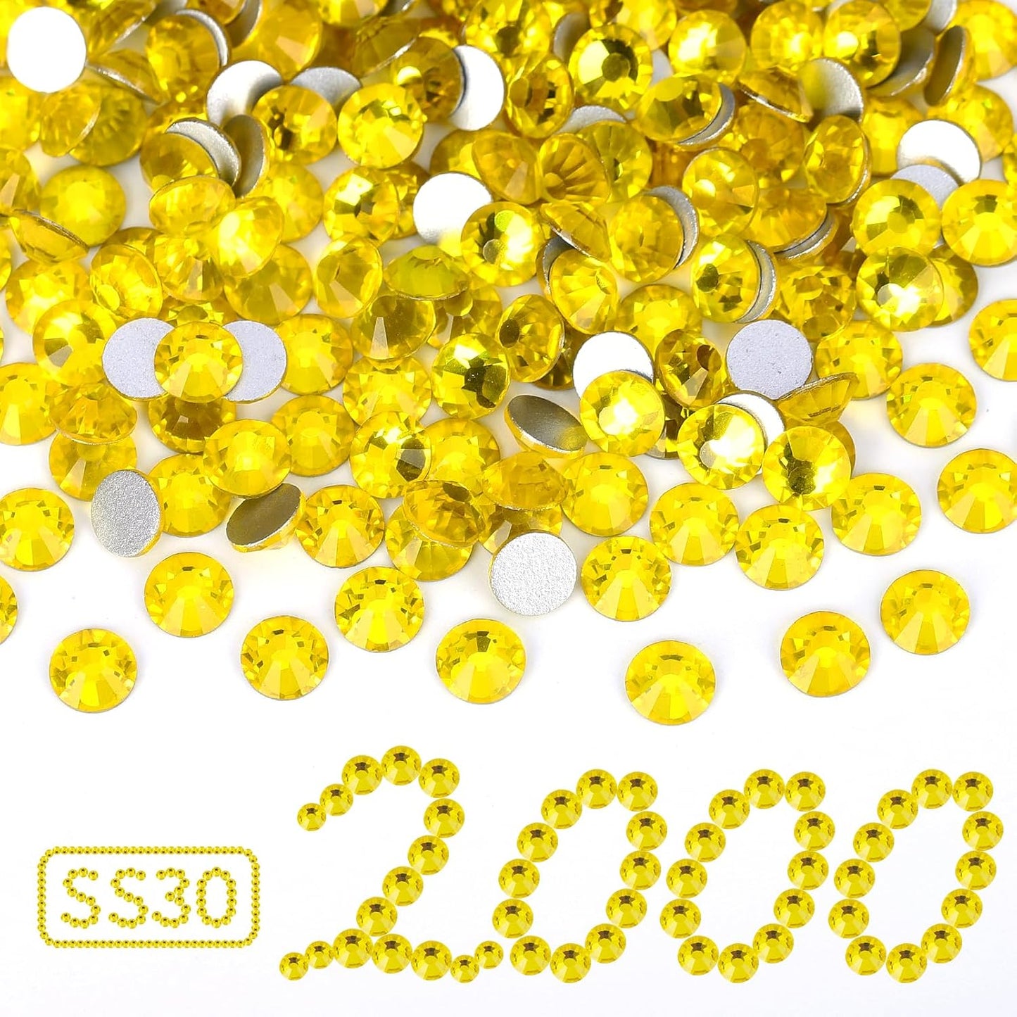 2000PCS Lemon Yellow Rhinestones Bulk, Flat Back Crystal Glass Stone Round Gems,SS30, 6.4-6.6mm
