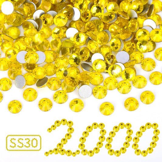2000PCS Lemon Yellow Rhinestones Bulk, Flat Back Crystal Glass Stone Round Gems,SS30, 6.4-6.6mm