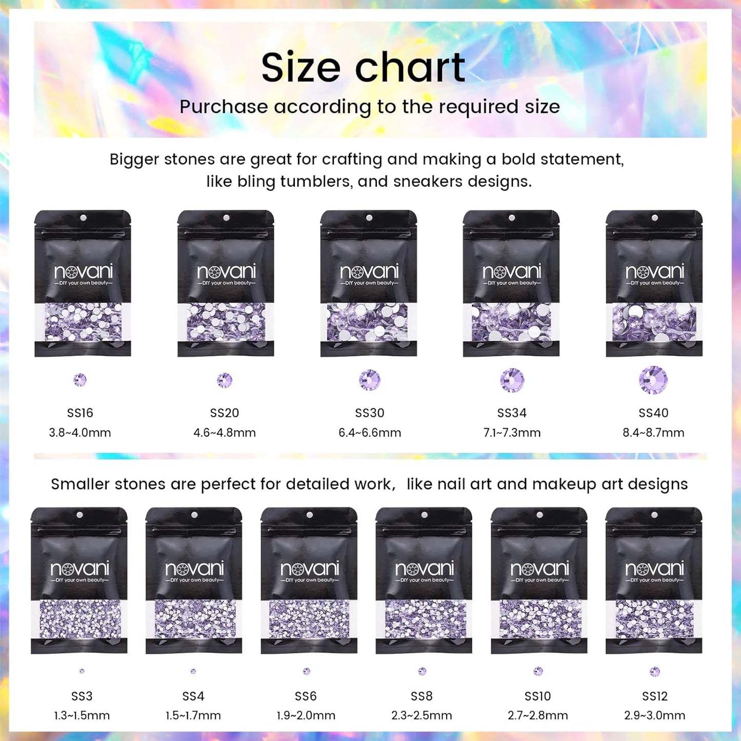 Novani Crystal Rhinestones, Flatback Loose Gemstones 1440pcs Glass Rhinestones for Clothes Shoes Crafts Makeup Nail Art and DIY Decorations(SS20, Lavender)