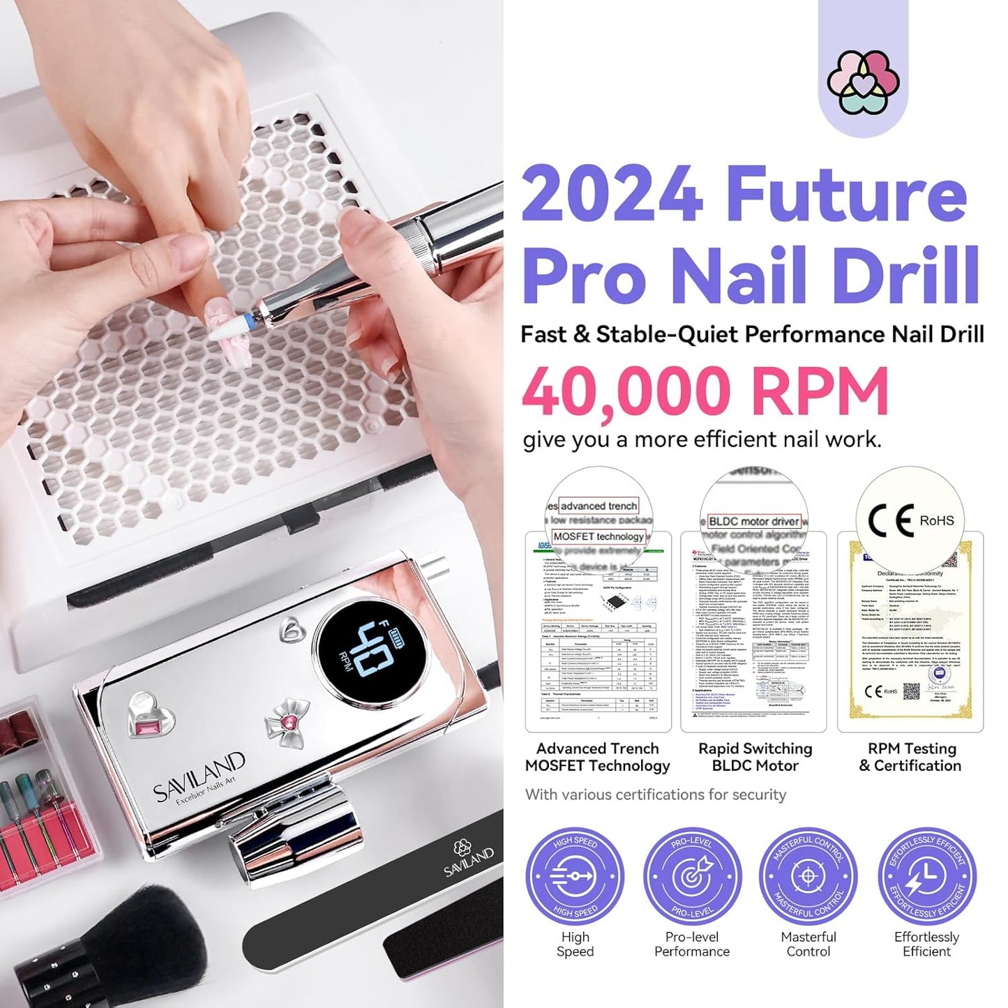 SAVILAND Electric Nail Drill Professional: 2024 Pro Future Tech 40000RPM Nail Drill Kit E File for Acrylic Nails Gel Polish Rechargeable 6000mAh Portable Nail Filer Drill Bits Salon