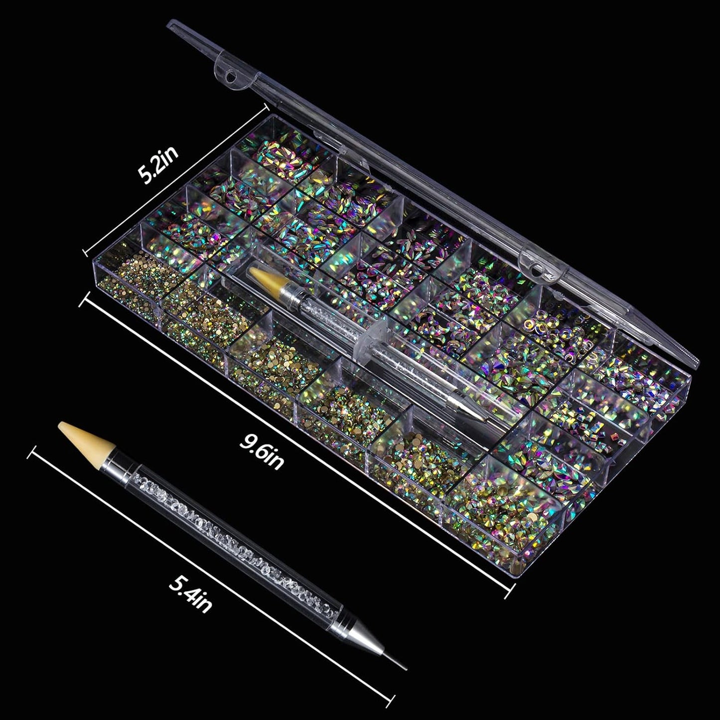 Nail Art Rhinestones Kit HUETFAT 8400pcs Multi Shapes Glass Crystal AB Nail Stones Nail Jewels Flatback Nail Gems Rhinestones Packaged in Diamond Storage Box With Wax Pen for Nail Art Craft