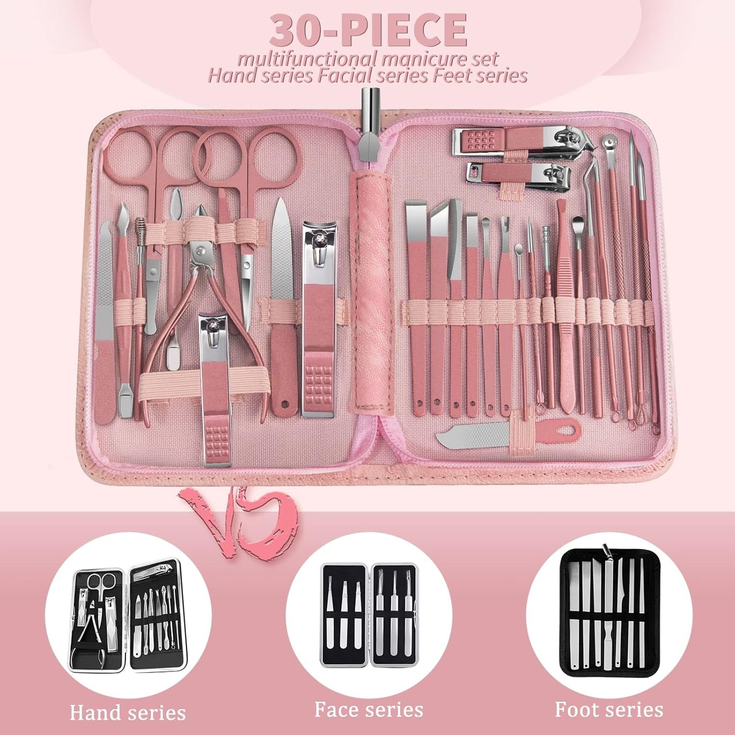 Women Manicure kit Professional sat Nail Set kit Pedicure Kit 30 in 1 Nail Clippers for Women Grooming Nail Care kit with Luxurious Travel Case Pink
