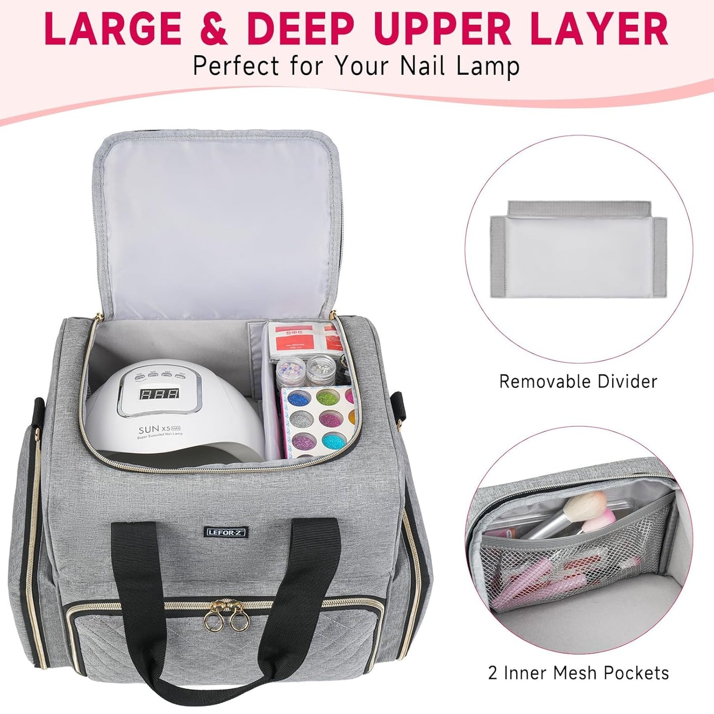 Nail Polish Organizer Holds 80 Bottles and a Lamp,Nail Polish Carrying Case with 2 Removable Bags,Nail Organizers and Storage for Nail Tech,Portable Nail Polish Holder for Nail Supplies,Grey