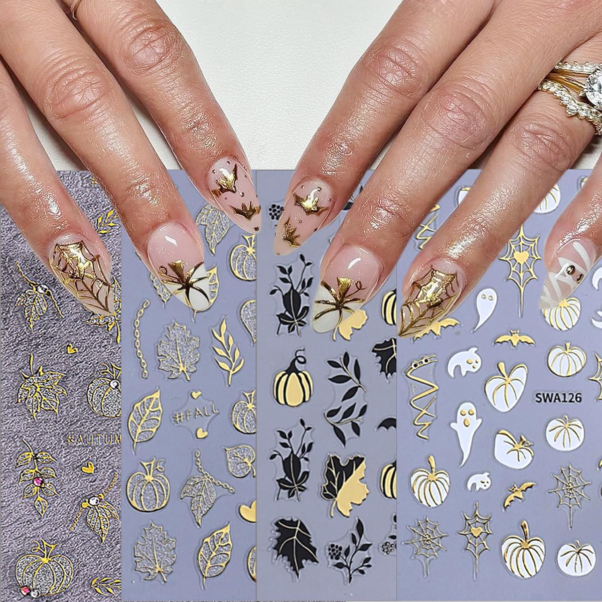 4 Sheets Halloween Nail Art Stickers Decals Fall Nail Decals Gold 3D Self-Adhesive Ghost Bat Spider Web Pumpkin Nails Decor Autumn Maple Leaf Nails Designs Stickers for Women Party Manicure Supplies