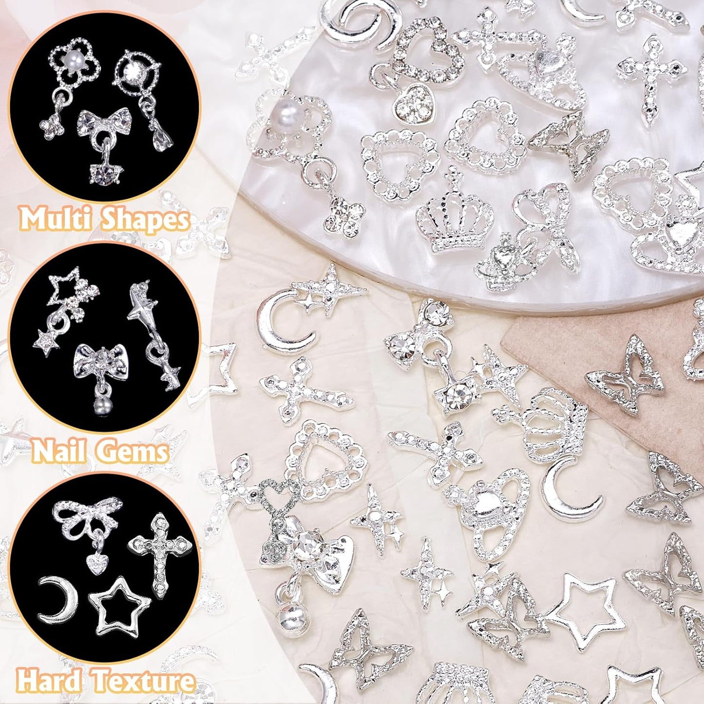 100 Pcs Silver Nail Charms and Gems, Silver Dangle Star Bows Nail Gems Charms, Metal Crown Heart Butterfly Charms for Acrylic Nail Art Alloy Cross Nail Charms for Women DIY Accessories
