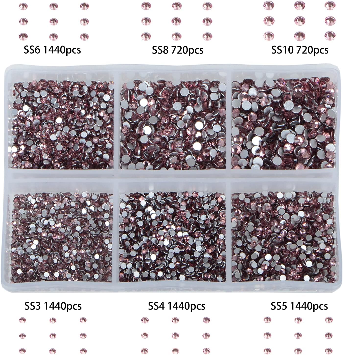 Bymitel 7200 Pieces 6 Mixed Sizes Glue Fix on Glass Rhinestones Round Crystal Gems Flatback for DIY Jewelry Making with one Picking Pen(6-Sizes 7200PCS, Lt. Amethyst)