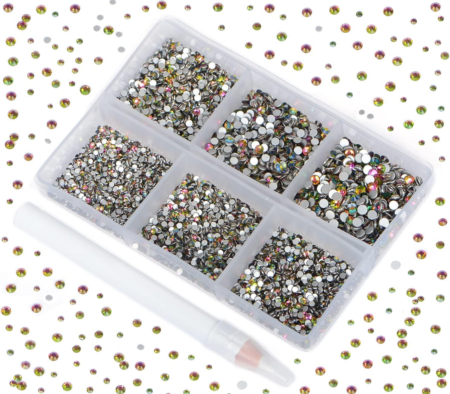 Bymitel 7200 Pieces 6 Mixed Sizes Glue Fix on Glass Rhinestones Round Crystal Gems Flatback for DIY Jewelry Making with one Picking Pen(6-Sizes 7200PCS, Vitrail Medium)