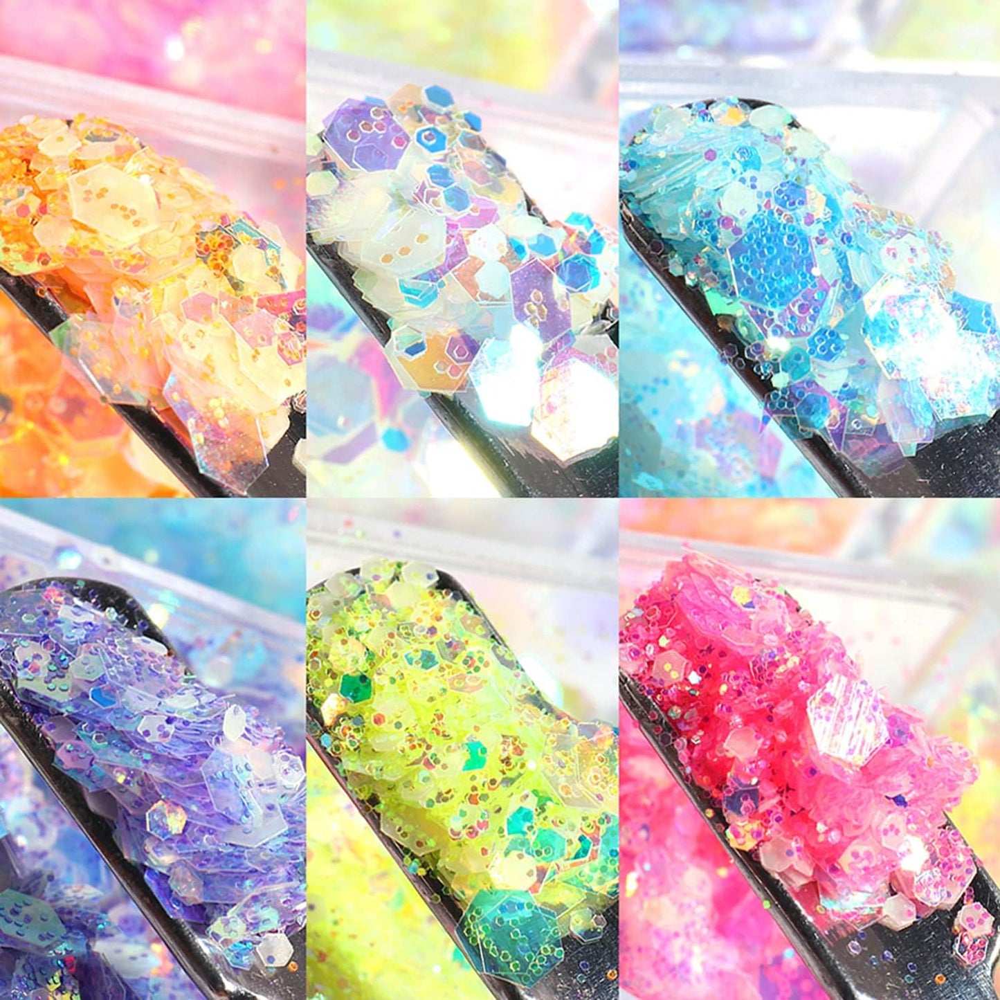 Luminous Nail Glitter Sequins Fluorescent Iridescent Mixed Hexagon Flakes Decoration Holographic 3D Glow Ultra-Thin Confetti Nails Supplies for Women Girls Manicure Tips DIY Crafts Makeup (6 Colors)