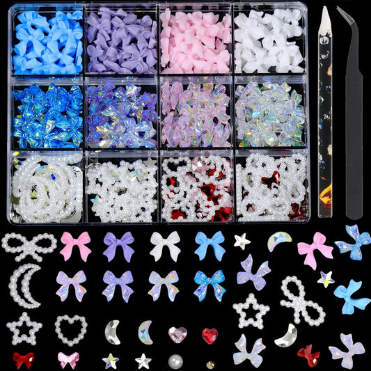 HNUIX - Bows Nail Charms, Multi Shaped, Colored 3D Bows, White Star Heart Moon Cute Nail Gems, Pearls & Rhinestones, Includes Tweezer & Pickup Tool