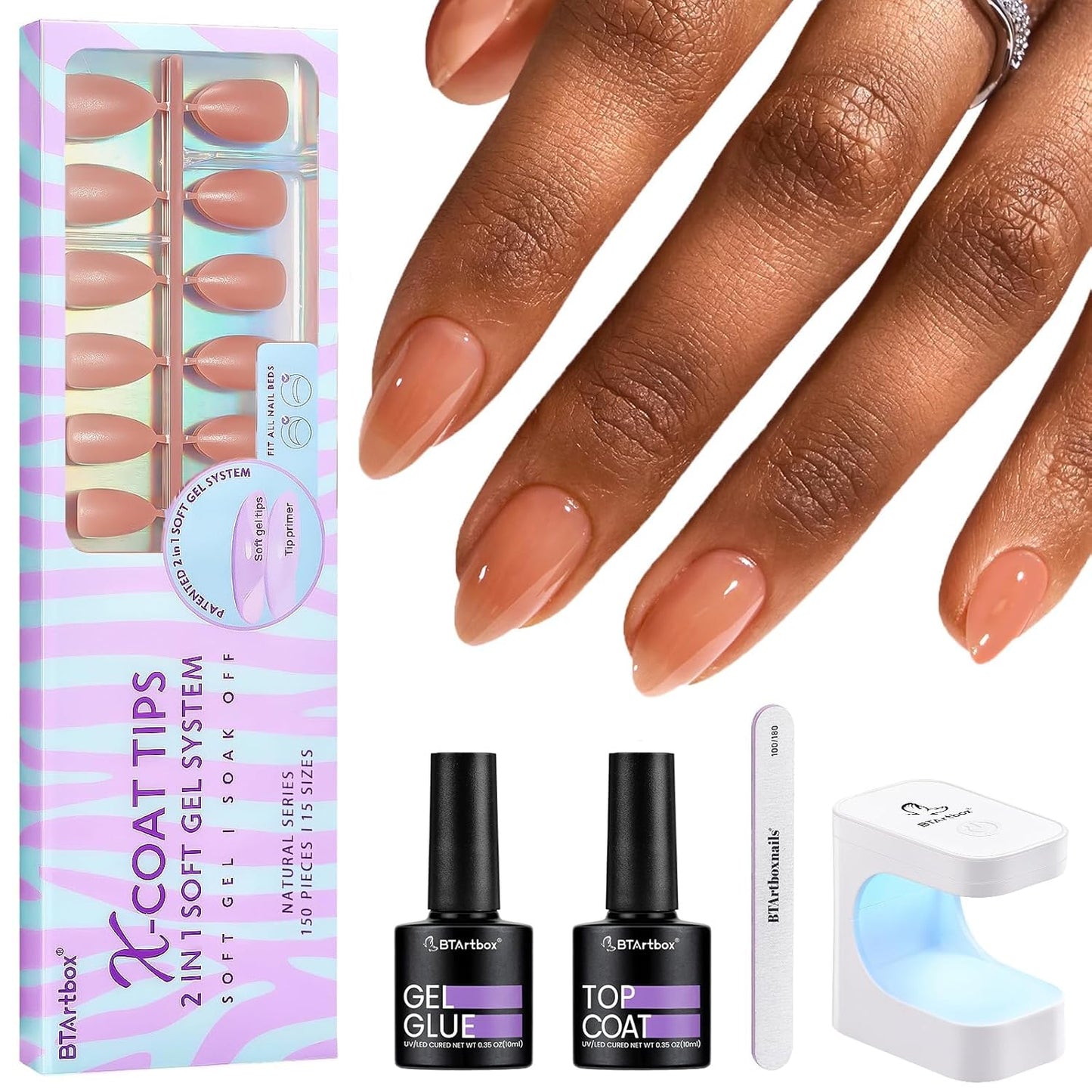 BTArtbox Short Almond Nail Tips - Soft Gel Nail Kit with Tip Primer Base, 160 pcs Brown Pre-colored Fake Nails with Gel Nail Glue and Top Coat Nail Extension Kit for Women's Gift