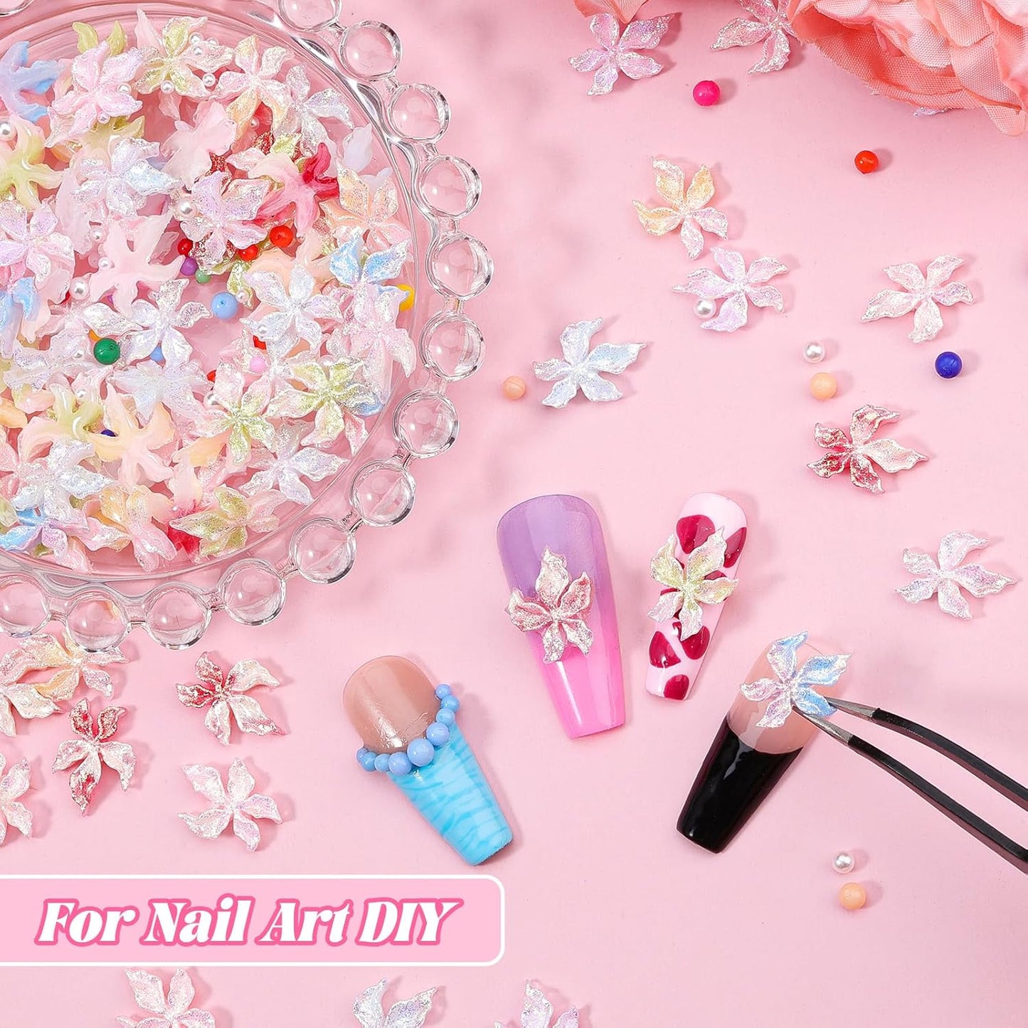 300Pcs Flower Nail Charms Kit, 100Pcs 3D Embossed Luminous Hibiscus Flowers Charms and 100Pcs Nail Pearls with 100Pcs Macaron Beads, Colorful Hawaii Floral Mini Gems Round Beads for Nails DIY
