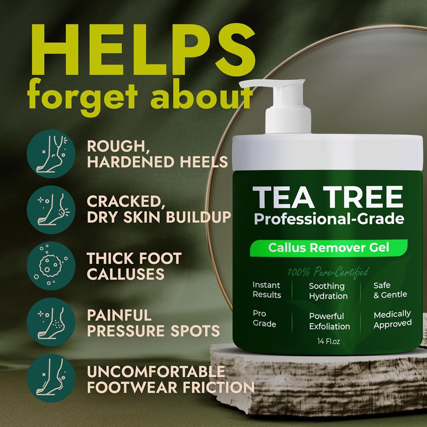 14 Oz Callus Remover Gel+ 3 Free Pumice Stones| Callus Remover For Feet | Tea Tree Professional Grade Foot Exfoliant for Cracked Heels & Dry Feet | Instant Results & Soothing Hydration