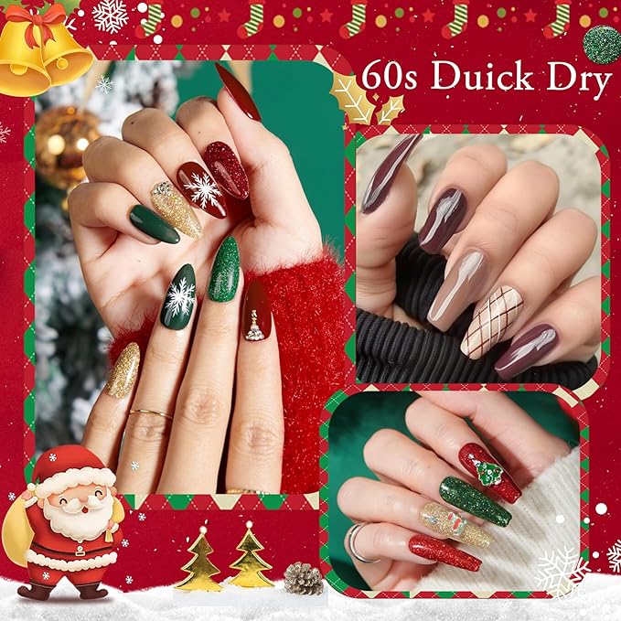 AZUREBEAUTY Christmas Nail Polish Set 6 Colors Glitter Red Green Quick Dry with Top Coat & Nail Polish Remover Long Lasting Sheer
