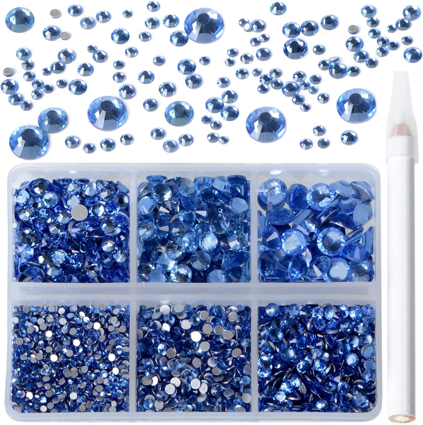 Bymitel 5000 Pieces 6 Mixed Sizes Glue Fix on Glass Rhinestones Round Crystal Gems Flatback for DIY Jewelry Making with one Picking Pen(6-Sizes 5000PCS, Lt. Sapphire)