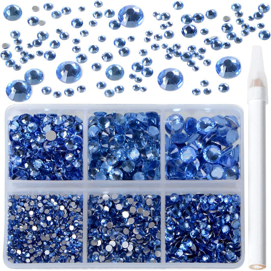 Bymitel 5000 Pieces 6 Mixed Sizes Glue Fix on Glass Rhinestones Round Crystal Gems Flatback for DIY Jewelry Making with one Picking Pen(6-Sizes 5000PCS, Lt. Sapphire)
