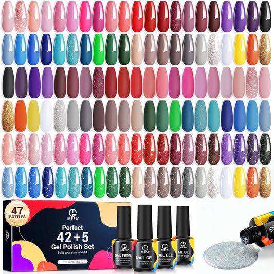 MEFA 47 PCS Gel Nail Polish Kit, 42 Colors All Seasons Collection Nude Pink White Colorful Gel Polish Set with 5 Pcs Base and Glossy/Matte/Glitter Top Coat DIY Manicure Art at Home Gifts for Women