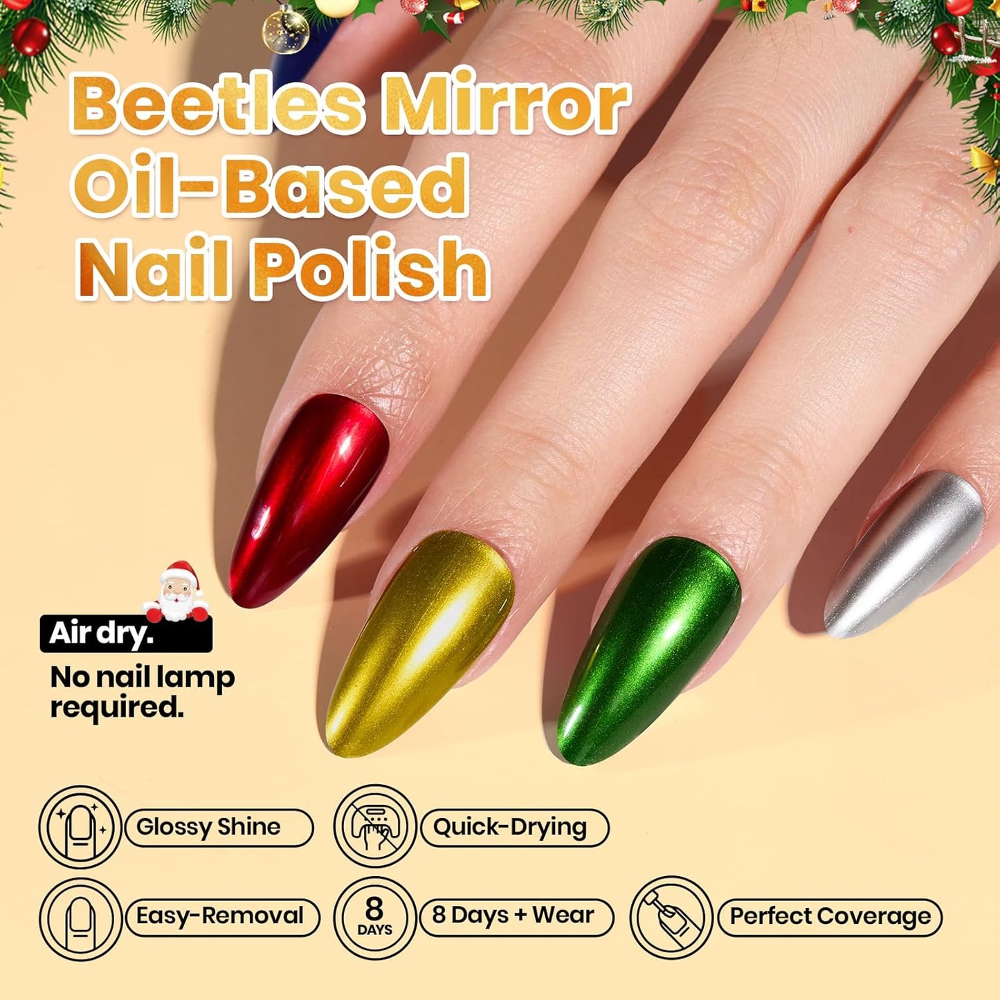 Beetles Chrome Mirror Nail Polish Set - Jingle Jewels 6 Colors Quick-Drying Glossy Metallic Nail Polish Shiny Chrome Effect Fingernail Polish DIY Nail Art Christmas Gift for Women Salon Home