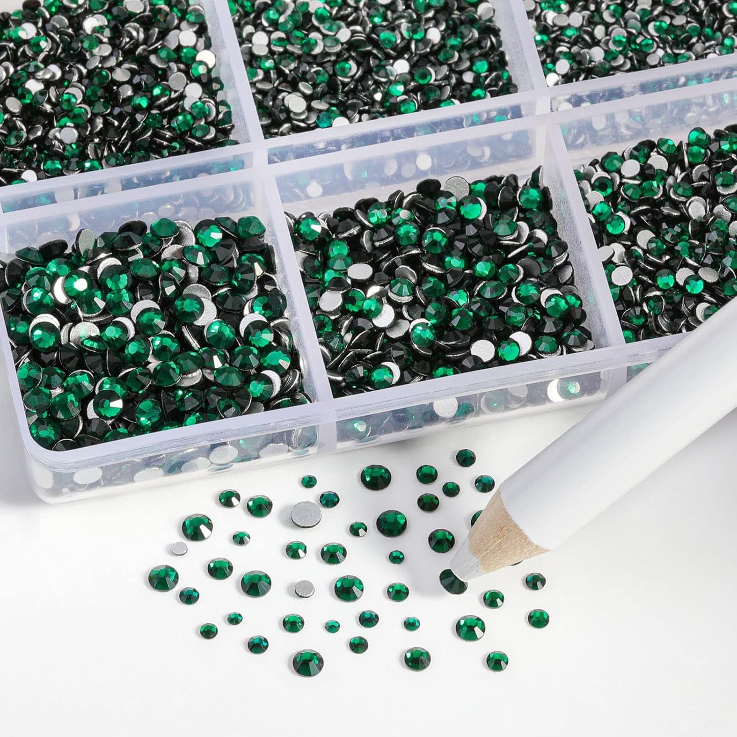 Beadsland 7200pcs Flatback Rhinestones,Green Rhinestone Nail Gems Round Crystal Rhinestones for Crafts,Mixed 6 Sizes with Wax Pencil Kit, SS3-SS10,Emerald