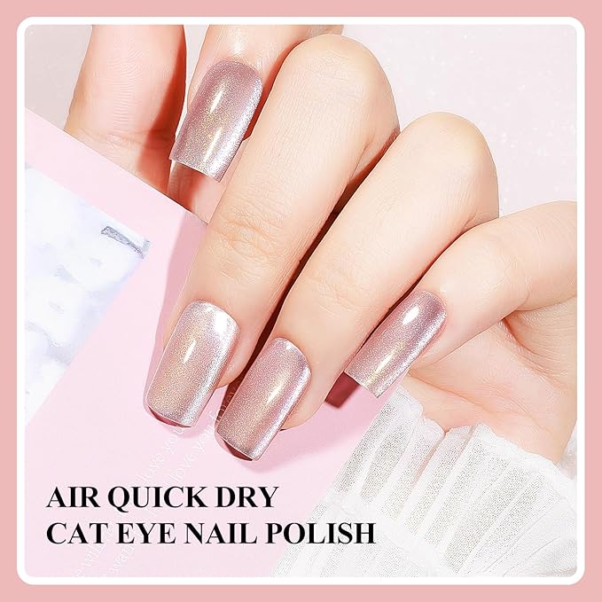 Cat Eye Nail Polish Non Gel Quick Dry, Magnetic Cat Eye Polish Fingernail Gold Glitter Nail Lacquer No UV Required, Crystal Velvet Glass Shine For Nail Art Long Lasting