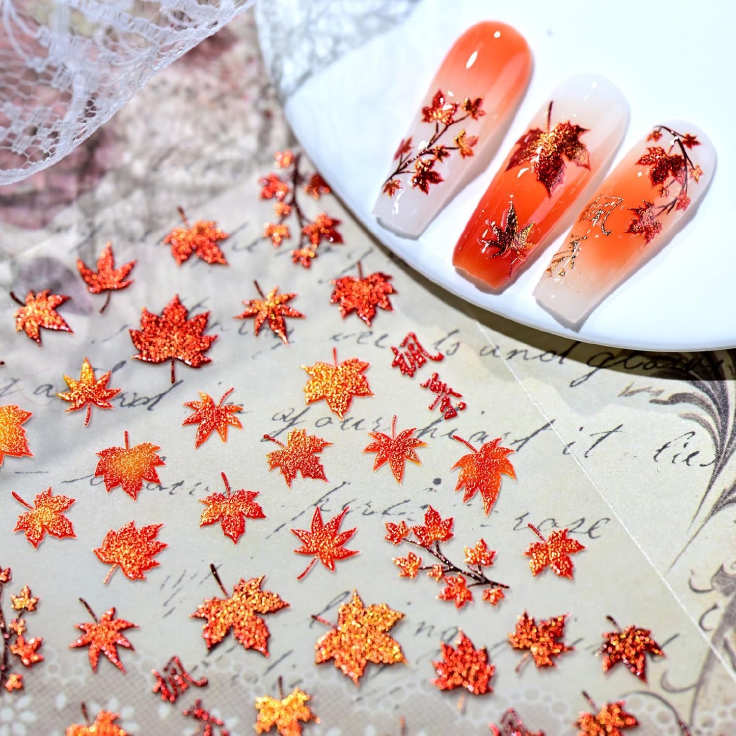 1 Sheets Fall Nail Stickers for Nail Art 5D Self-Adhesive Embossed Maple Leaf Nail Art Stickers Red Autumn Maple Leaves Nail Decals Thanksgiving Nail Design Sticker for Women DIY Manicure